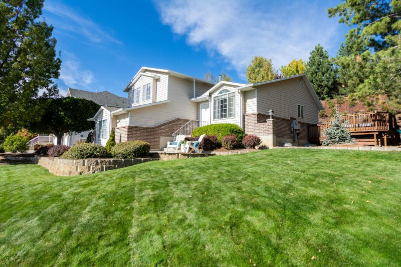 Beautiful suburban house with a manicured lawn, surrounded by lush trees under a clear blue sky.