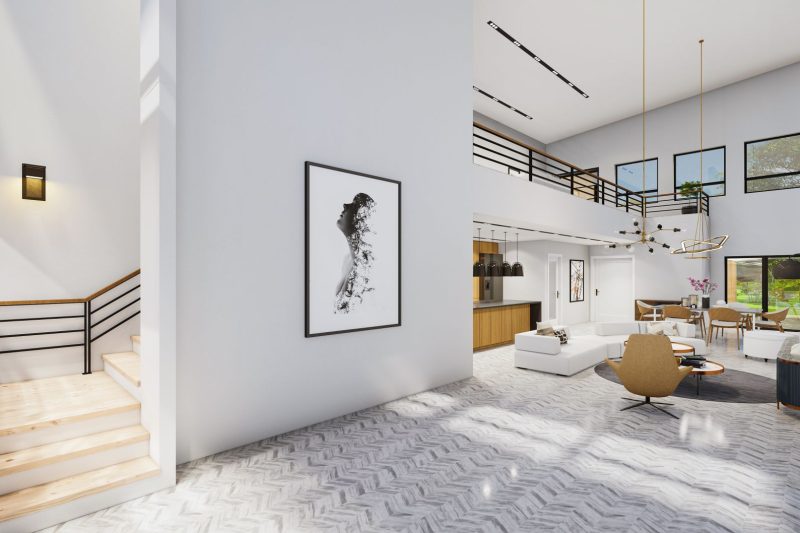 Modern American home interior featuring sleek furniture, large windows, and abundant natural light.